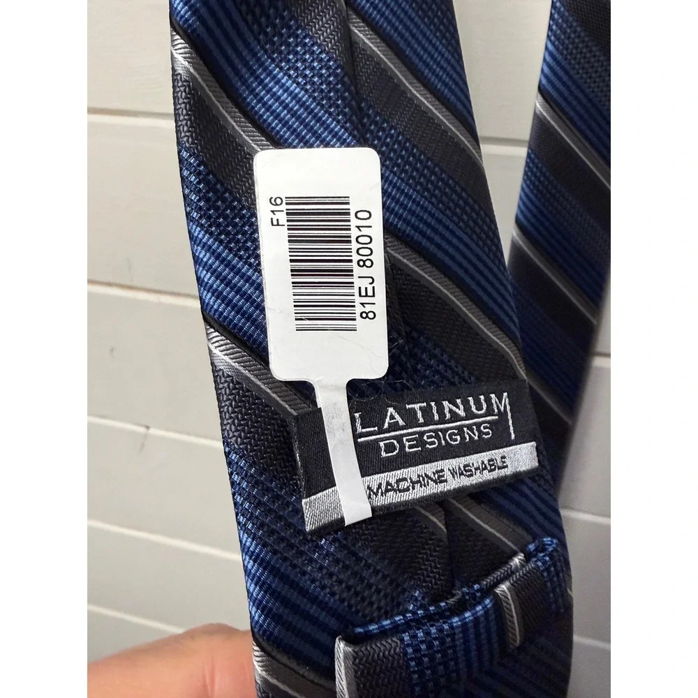 NWT! Platinum Designs Mens Blue Gray Stripe Silk‎ Blend Necktie  Washable Formal